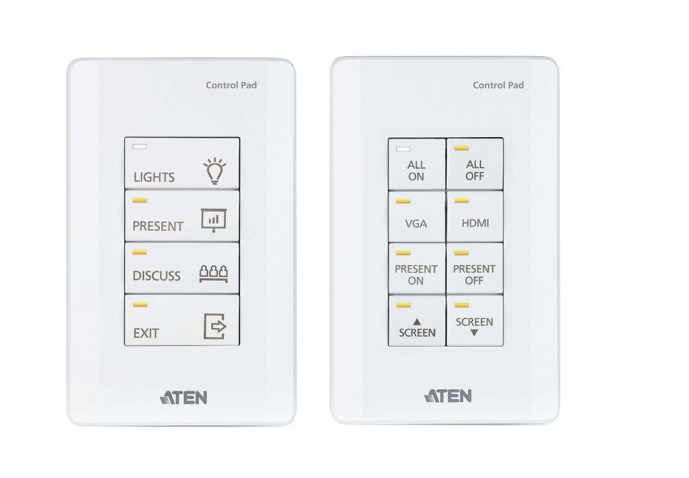 Aten 8 Button Control Pad with 1 Gang US wall plate, 2 RS232, 2 relay, 1 Digital I/O and Ethernet connection support, 14 button layouts available Aten 8 Button Control Pad with 1 Gang US wall plate, 2 RS232, 2 relay, 1 Digital I/O and Ethernet connection support, 14 button layouts available